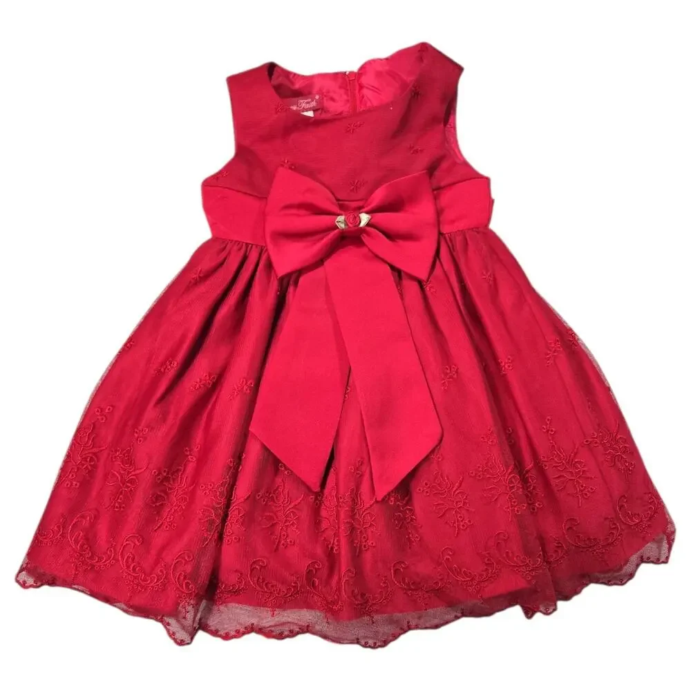 Princess Faith Toddler 2T Dark Red Bow Embroidered Floral Party Dress Festive